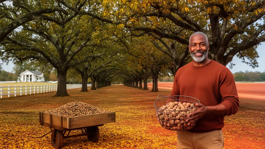 A smiling pecan grower holding a wire basket of fresh pecans under huge pecan trees, a wagon of nuts beside him.